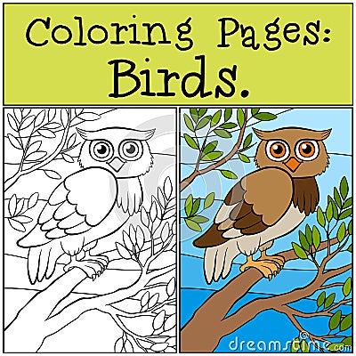 Coloring Pages: Birds. Little cute owl. Vector Illustration