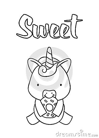 Coloring pages, black and white cute hand drawn unicorn with donut doodles, lettering sweet Vector Illustration