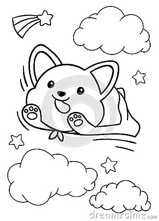 Coloring pages, black and white cute kawaii hand drawn corgi dog super hero doodles Vector Illustration