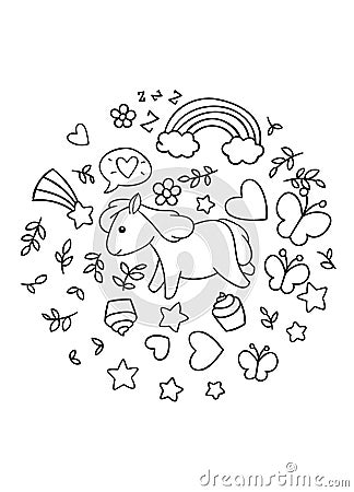 Coloring pages, black and white cute kawaii hand drawn horse doodles, circle print Vector Illustration