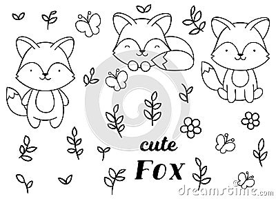 Coloring pages, black and white, set cute kawaii hand drawn fox doodles Vector Illustration