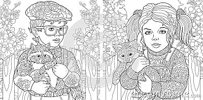 Coloring pages with boy and girl embracing furry animals Vector Illustration