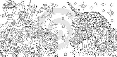 Coloring Pages. Coloring Book for adults. Colouring pictures with fairytale castle and magic unicorn. Antistress freehand sketch Vector Illustration