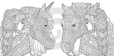 Coloring Pages. Coloring Book for adults. Colouring pictures with fantasy girl and unicorn horse drawn in zentangle style. Vector Vector Illustration