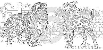 Coloring Pages. Coloring Book for adults. Colouring pictures with Rough Collie and Dalmatian dogs. Antistress freehand sketch Vector Illustration