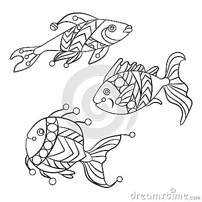 Coloring pages for children and adults with set of ocean fishes Cartoon Illustration