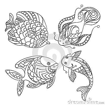 Coloring pages for children and adults with set of ocean fishes Cartoon Illustration