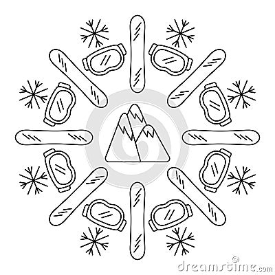 Coloring pages for children. Winter sports, mandala . Ski goggles, snowboards, mountains, snowflakes Vector Illustration