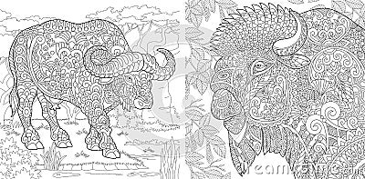 Coloring Pages. Coloring Book for adults. Colouring pictures with buffalo and bison. Antistress freehand sketch drawing with Vector Illustration