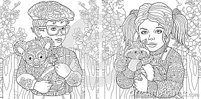 Coloring Pages. Coloring Book for adults. Colouring pictures with kids holding furry animals drawn in zentangle style. Vector Vector Illustration