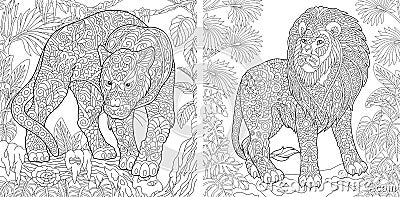 Coloring Pages. Coloring Book for adults. Colouring pictures with panther and lion. Antistress freehand sketch drawing with doodle Vector Illustration