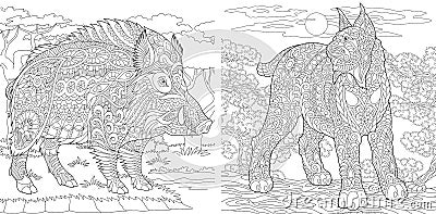 Coloring Pages. Coloring Book for adults. Colouring pictures with wildcat and wild boar. Antistress freehand sketch drawing with Vector Illustration