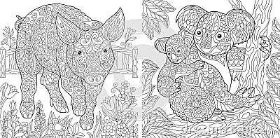 Coloring Pages. Coloring Book for adults. Cute Pig - 2019 Chinese New Year symbol. Colouring picture with koala bears. Antistress Vector Illustration