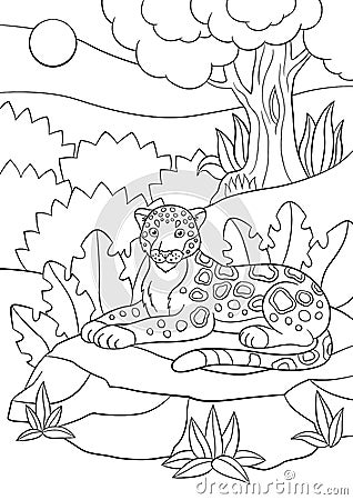 Coloring pages. Cute spotted jaguar in the forest. Vector Illustration