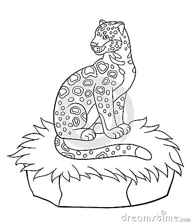 Coloring pages. Cute spotted jaguar smiles. Vector Illustration