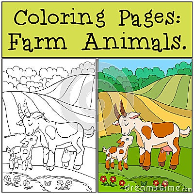 Coloring Pages: Farm Animals. Mother goat with her baby. Vector Illustration