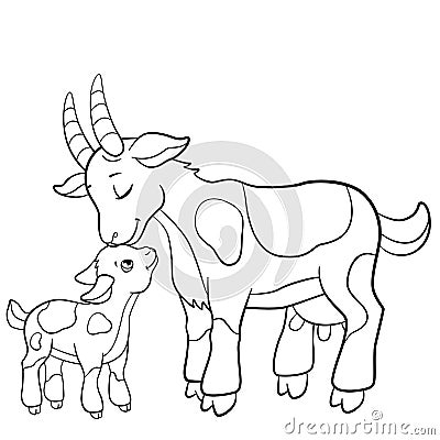 Coloring pages. Farm animals. Mother goat with her goatling. Vector Illustration