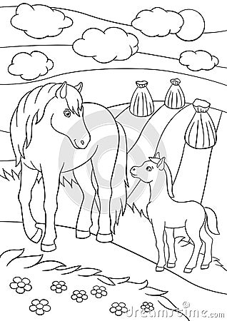 Coloring pages. Farm animals. Mother horse with foal. Vector Illustration