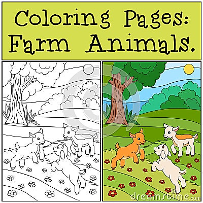 Coloring Pages: Farm Animals. Three little cute baby goats. Vector Illustration