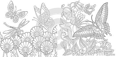 Coloring pages with dragonfly, butterflies and flowers Vector Illustration