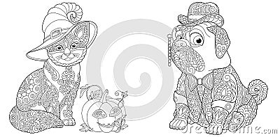 Coloring pages with Halloween cat and pug dog Vector Illustration