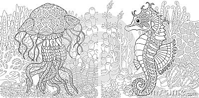 Coloring pages with jellyfish and seahorse Vector Illustration