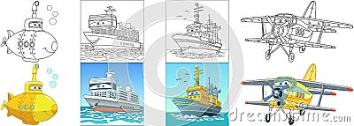 Coloring pages for kids. Flying and navy cars Vector Illustration