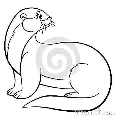 Coloring pages. Little cute otter smiles Vector Illustration