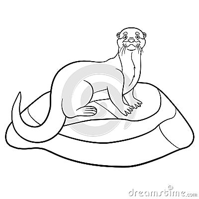 Coloring pages. Little cute otter stands on the stone Vector Illustration