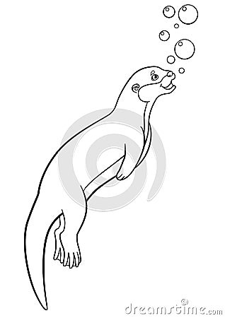 Coloring pages. Little cute otter swims Vector Illustration