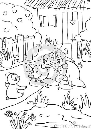 Coloring pages. Mommy pig and three little cute pigs are listening to the fourth piglet. Vector Illustration