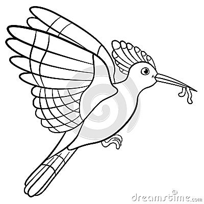 Coloring pages. Mother hoopoe holds a worm in her beak Vector Illustration