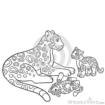 Coloring pages. Mother jaguar with her cute cubs. Vector Illustration