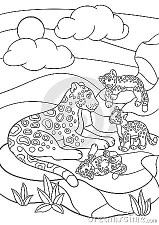 Coloring pages. Mother jaguar with her little cute cubs. Vector Illustration