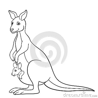 Coloring pages. Mother kangaroo with her little baby. Vector Illustration