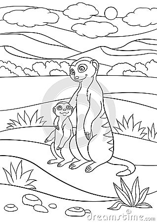 Coloring pages. Mother meerkat with her cute baby. Vector Illustration