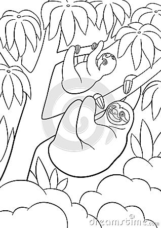 Coloring pages. Mother sloth with her little cute baby hangs on the tree Vector Illustration