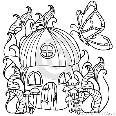 Coloring pages mushroom house with a butterfly in the fores Vector Illustration