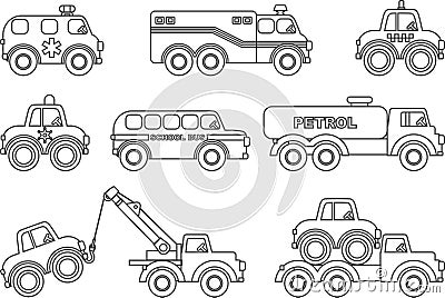 Coloring pages. Set of different silhouettes children toys Vector Illustration