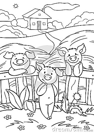Coloring pages. Three little cute pigs are near the fence in the hay. Vector Illustration
