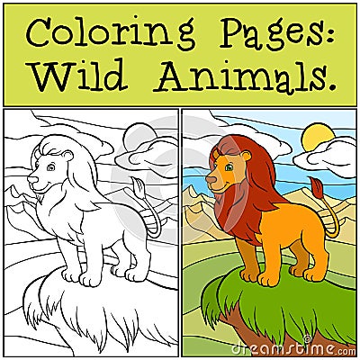 Coloring Pages: Wild Animals. Cute beautiful lion . Vector Illustration