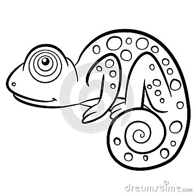 Coloring pages. Wild animals. Little cute chameleon. Vector Illustration