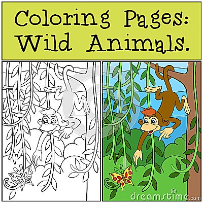 Coloring Pages: Wild Animals. Little cute monkey. Vector Illustration