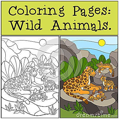 Coloring Pages: Wild Animals. Mother jaguar with her cubs. Vector Illustration