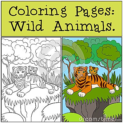 Coloring Pages: Wild Animals. Mother tiger with her baby Vector Illustration