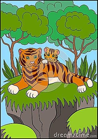 Coloring pages. Wild animals. Smiling mother tiger with her little cute baby Vector Illustration