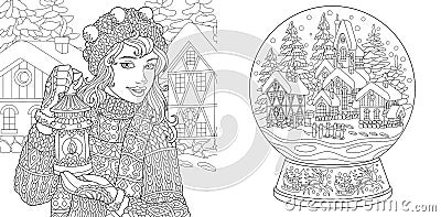 Coloring pages with winter girl and magic snow ball Vector Illustration