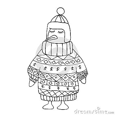 Coloring penguin without color in winter christmas pullover and cap. Vector Illustration