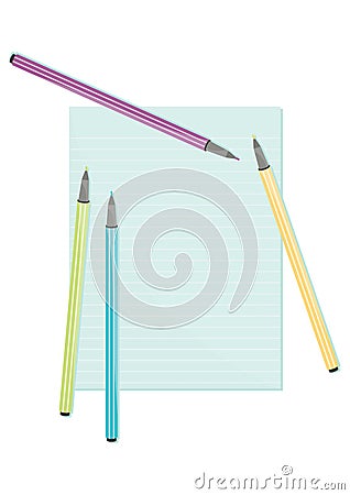 Coloring pens and note paper writing materials Vector Illustration