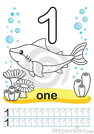 Coloring printable worksheet for kindergarten and preschool. We train to write numbers. Math exercises. Bright figures on a marine Vector Illustration